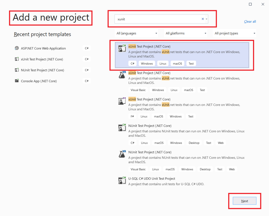 Add New Project - xUnit