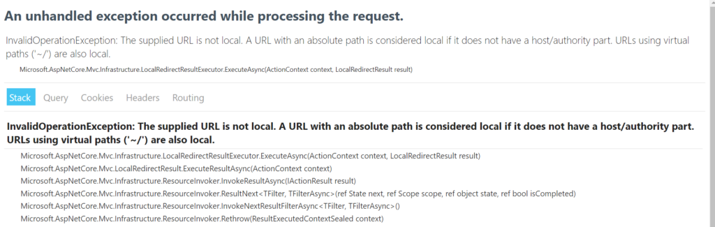 LocalRedirect Method - ASP.NET Core - Exception